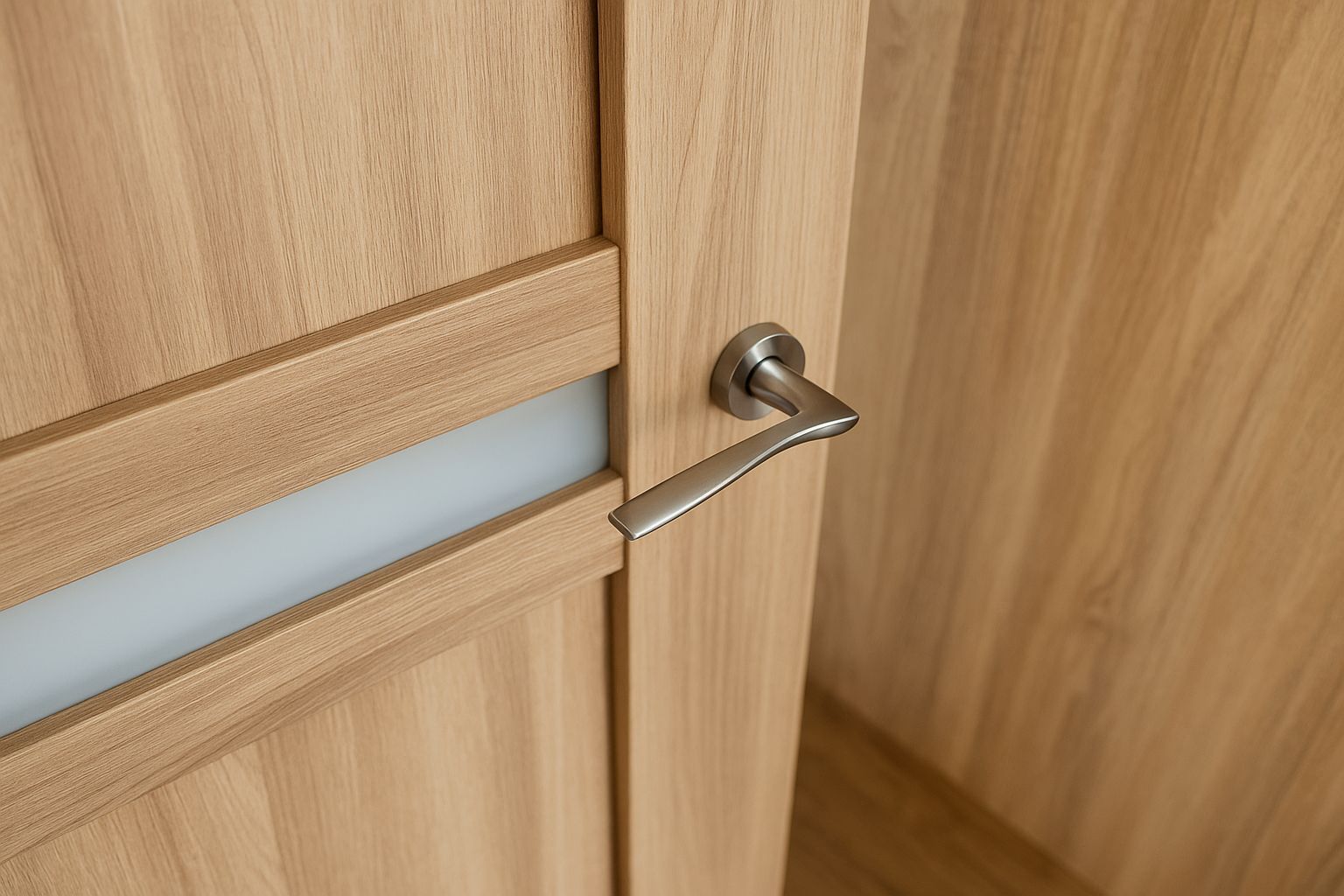 Nærbilde av et moderne, matt svart dørhåndtak på en grå innerdør.